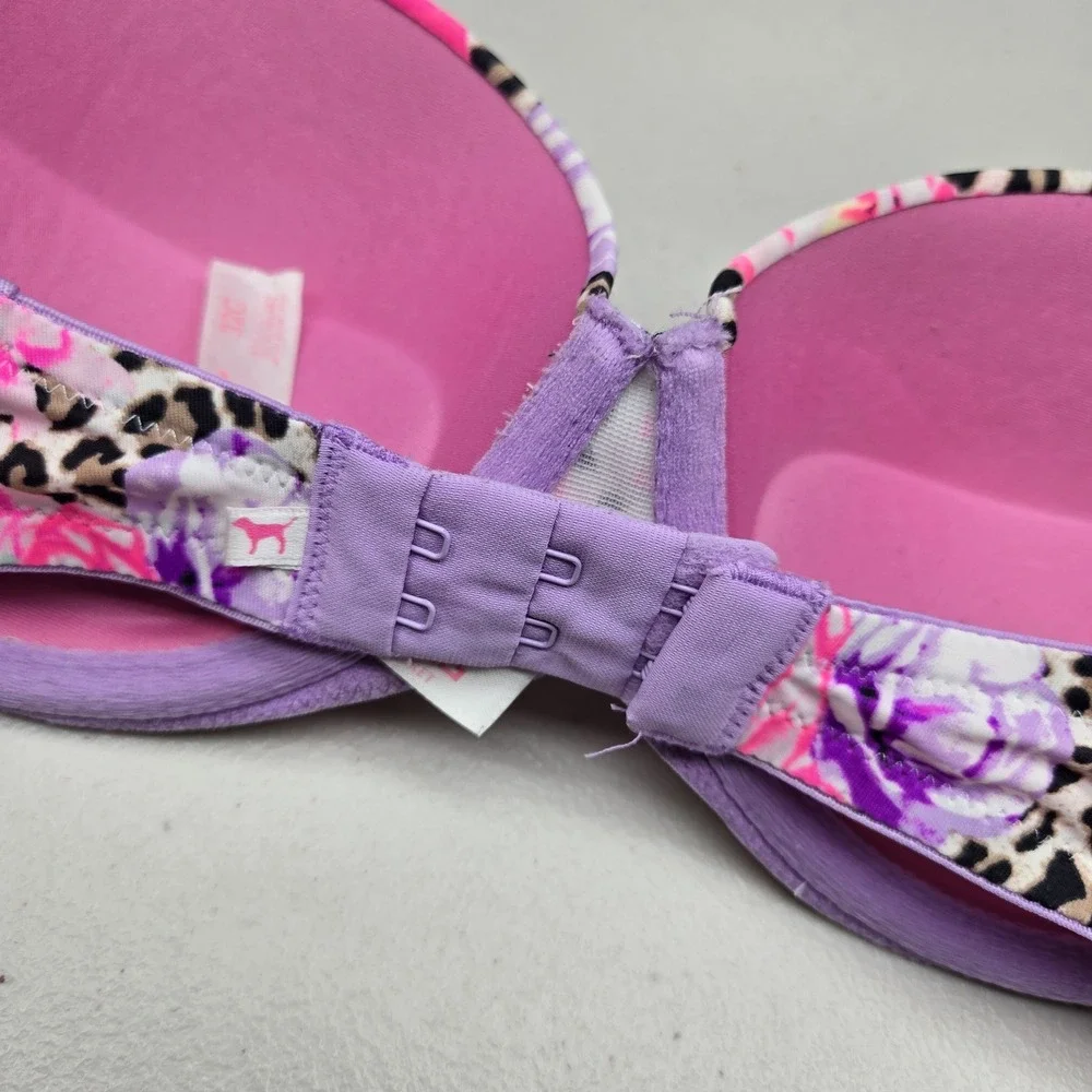 PINK Victoria Secret Women Bra 32C Purple Push Up Floral Animal Print Strapless